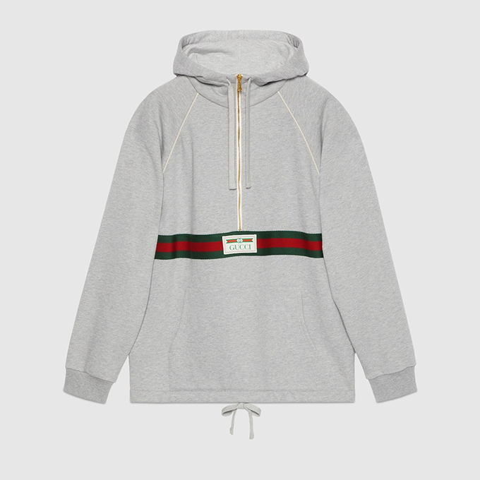 gucci heather grey washed knit half‑zip web stripe hoodie